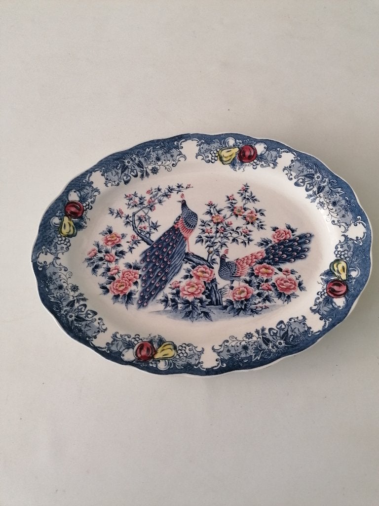 mooie oude aziatische serveerschaal 48x27 cm met pauw decor, Ophalen of Verzenden