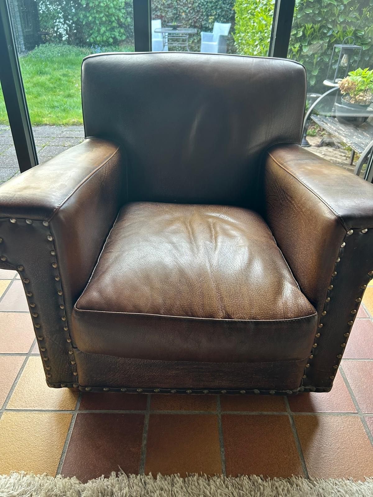 Lederen fauteuil/clubstoel-donkerbruin chersteefield stijl, Ophalen, Gebruikt, Leer, 75 tot 100 cm