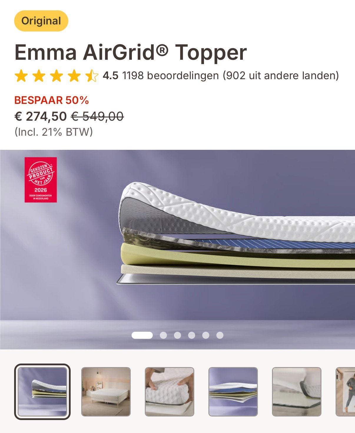 Topper van Emma, Ophalen, Tweepersoons, 140 cm, Zo goed als nieuw