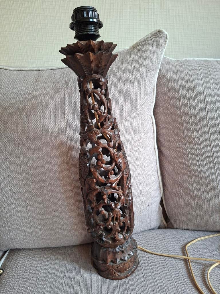 Balinees hardhouten lamp voet houtsnijwerk izgs, Ophalen of Verzenden, Gebruikt, Hout