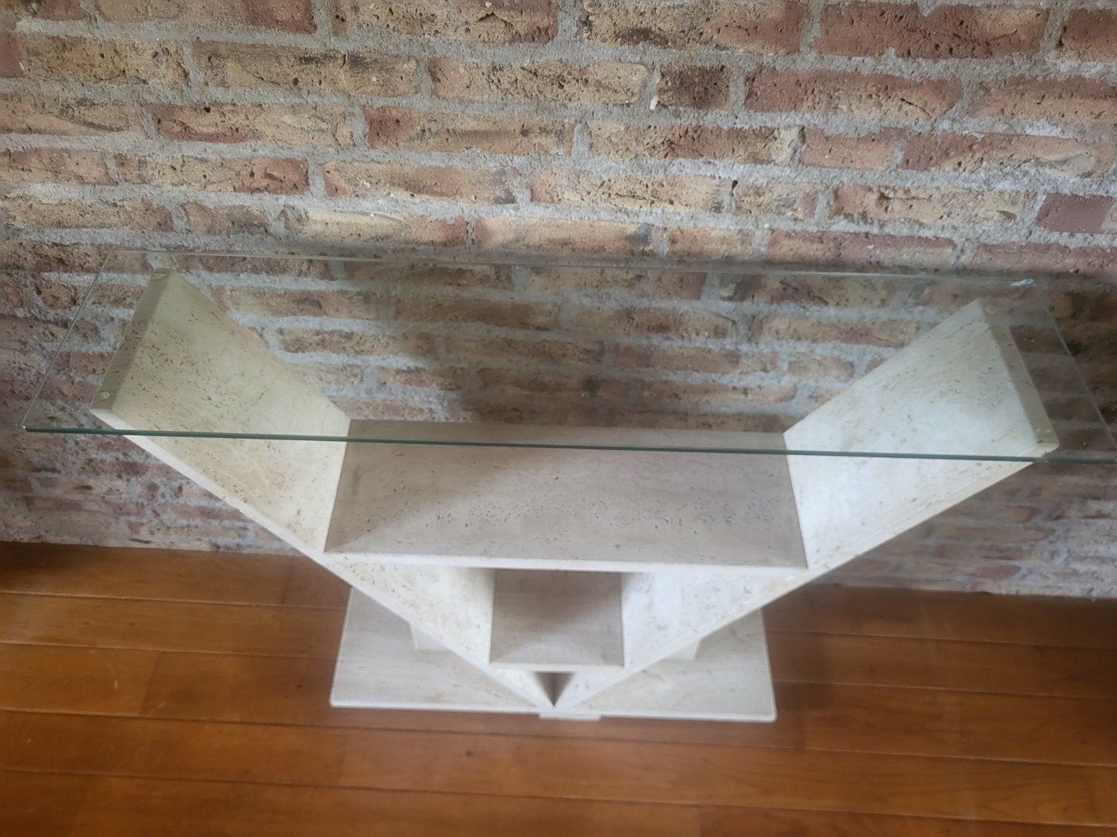 Design consoletafel met glazen blad en travertin onderstel, Ophalen, 50 – 75, Gebruikt, Modern Design