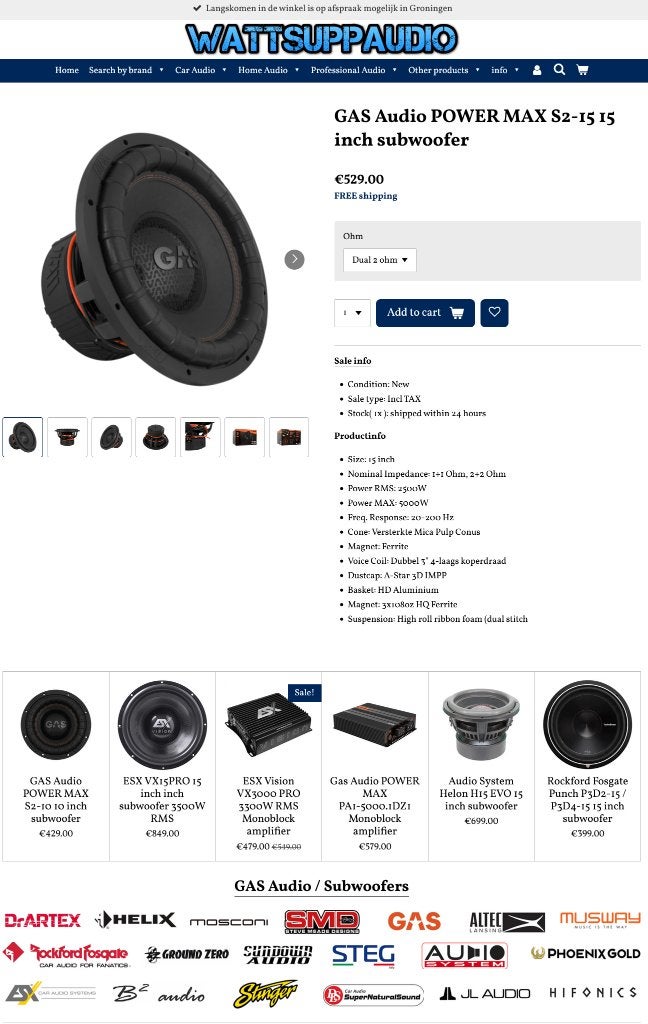 GAS Audio POWER MAX S2-15 15 inch subwoofer 2500W RMS, Auto diversen, Info@optimount.nl, Nieuw, Ophalen of Verzenden, Anholtseweg 48A 7091 HB DINXPERLO