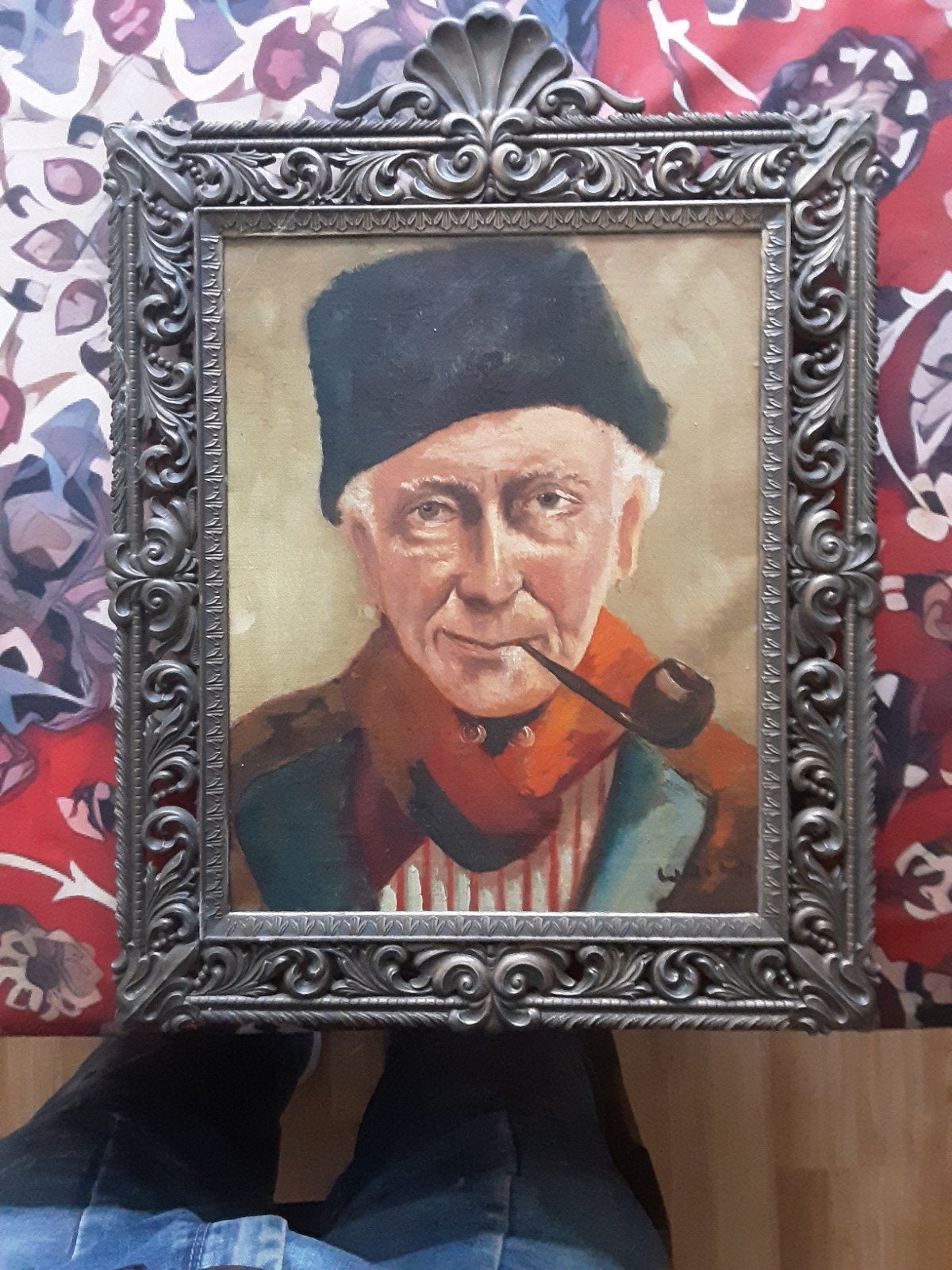 Oud portret van man met pijp in sierlijke lijst, Antiek en Kunst, Paneel, Portret of Personen, Ophalen of Verzenden, Olieverf