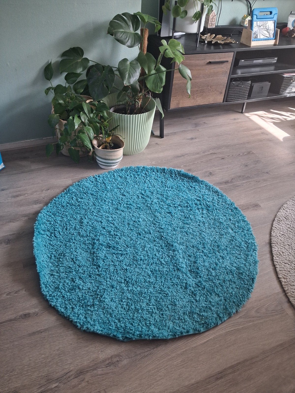 Rond turquoise / blauw vloerkleed, Ophalen, Blauw, Rond, 100 tot 150 cm