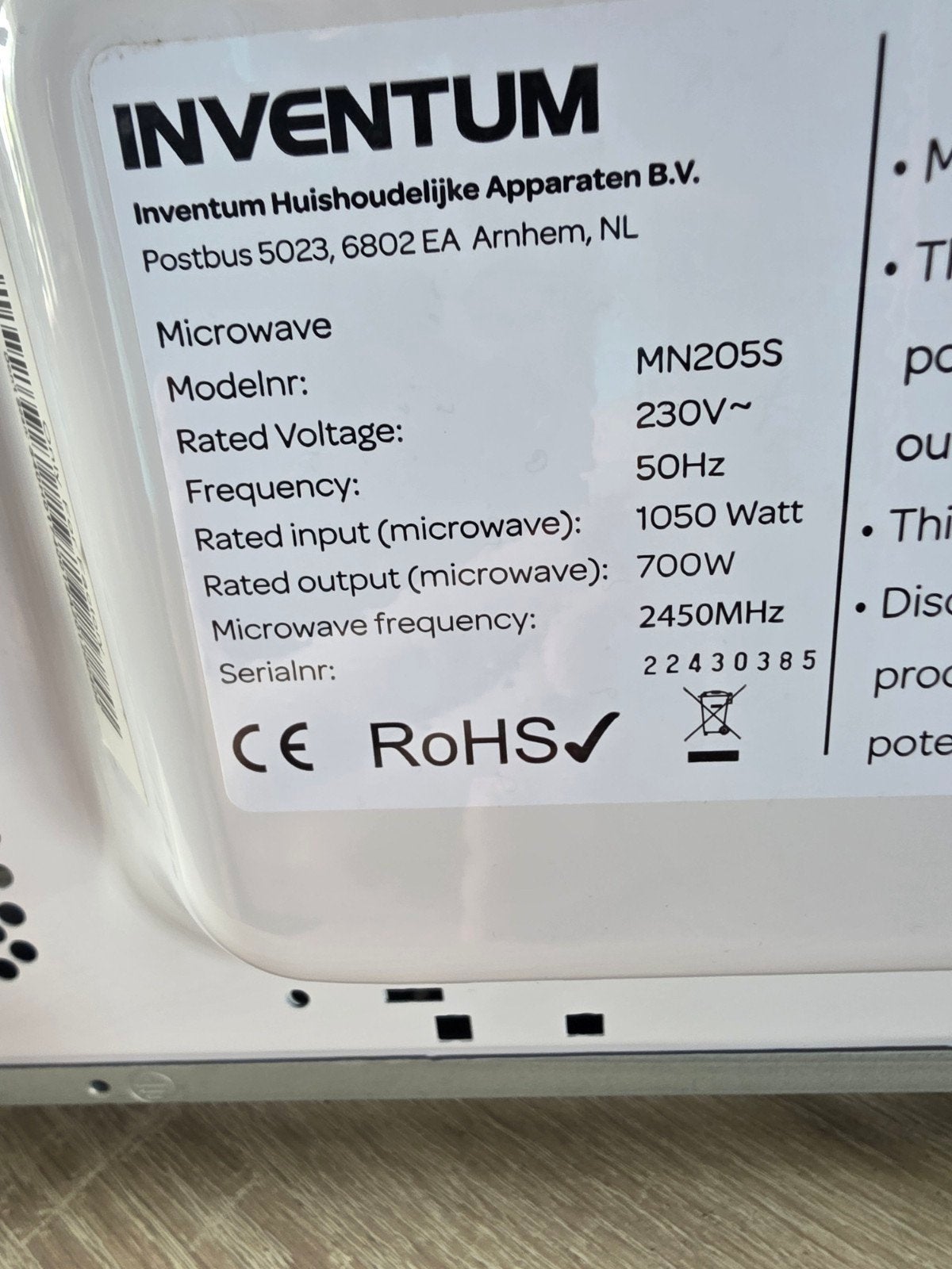 Inventum MN205S Magnetron - 700W, 20L, Ophalen