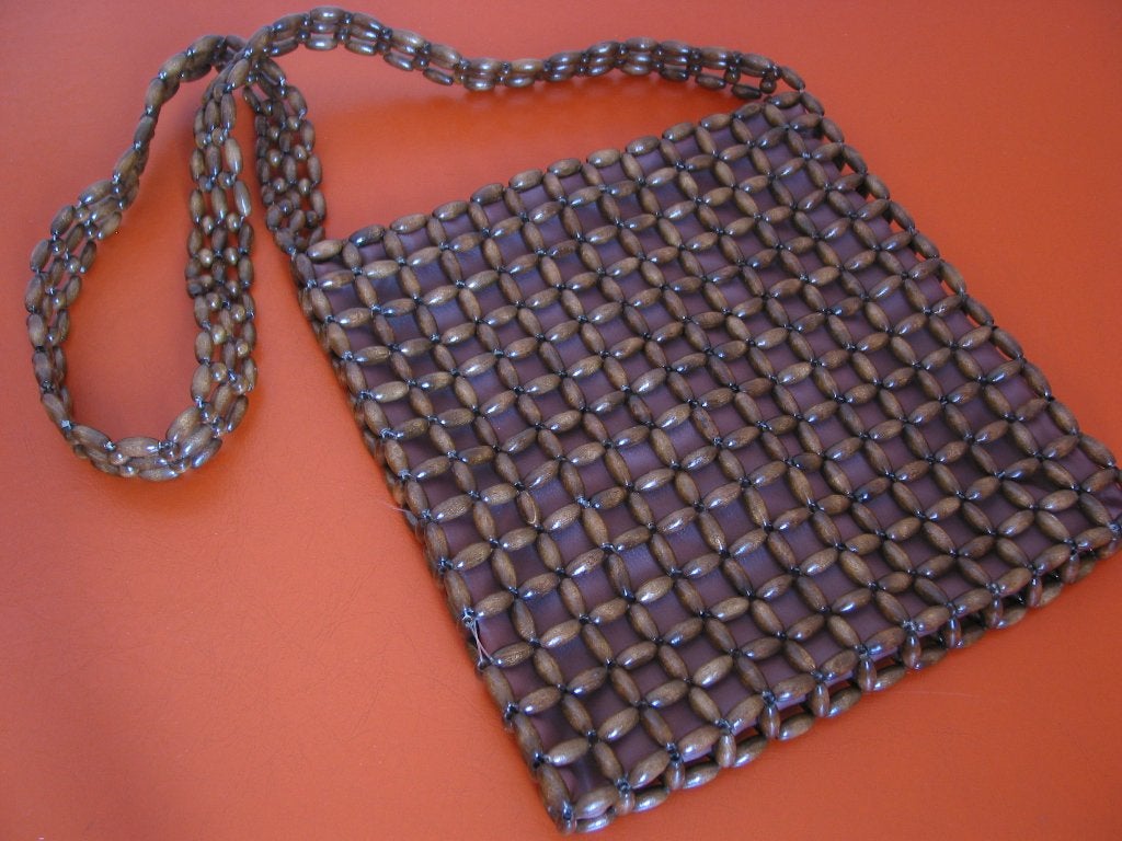 vintage kralen handtas bruin boho rits stof, Ophalen of Verzenden, Gebruikt, Bruin, Handtas