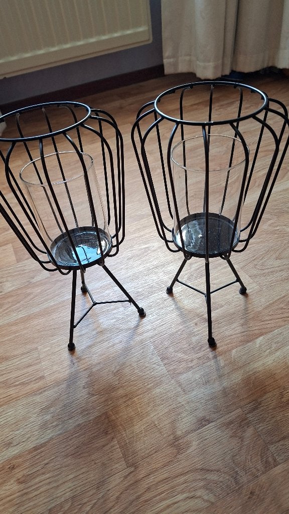 Set van 2 zwarte metalen windlichten met glazen houder, Windlicht, Zwart, Nieuw, Ophalen of Verzenden