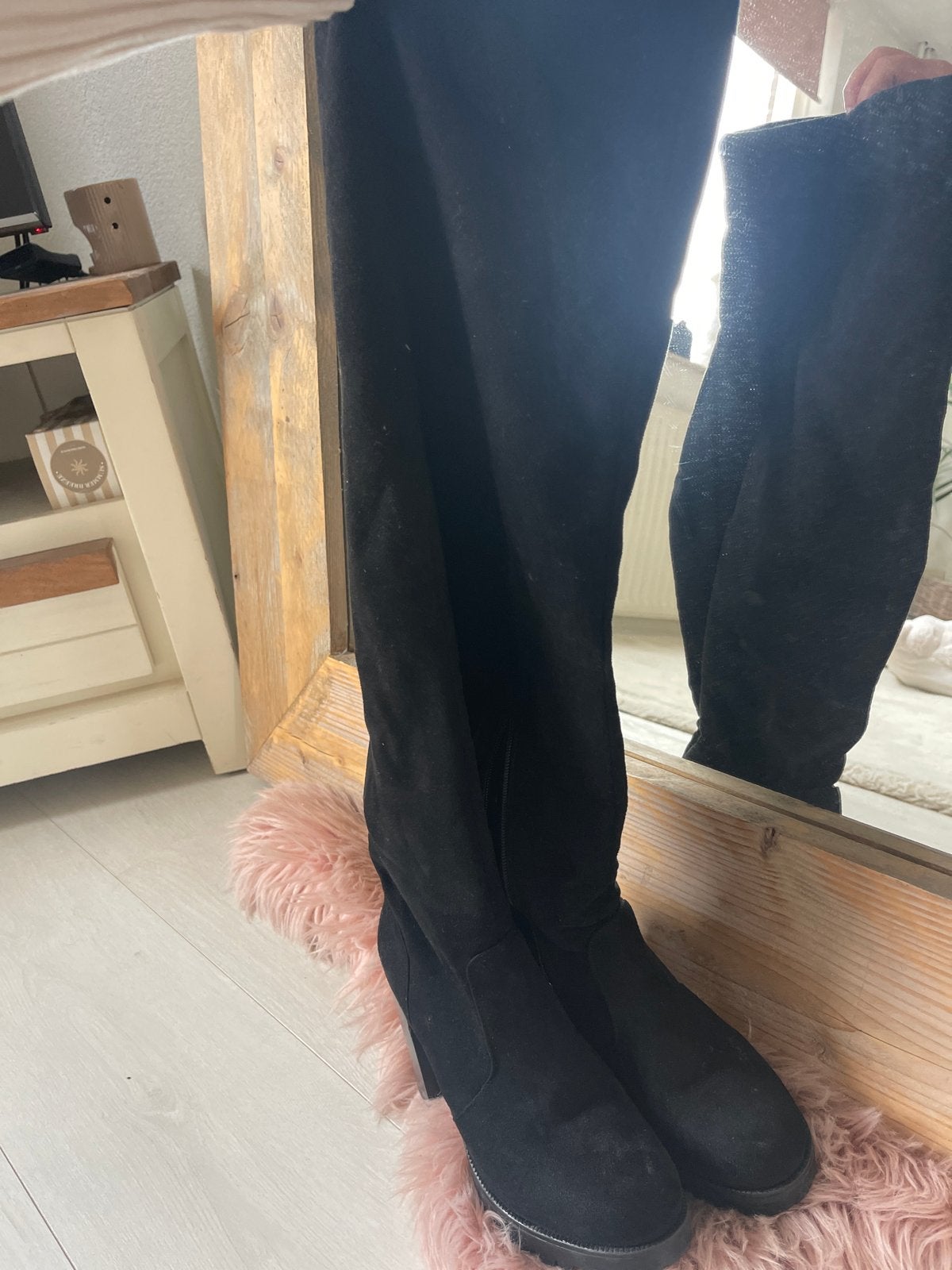 Zwarte overknee laarzen met blokhak, Kleding | Dames, Ophalen of Verzenden, Gedragen, Zwart, Hoge laarzen