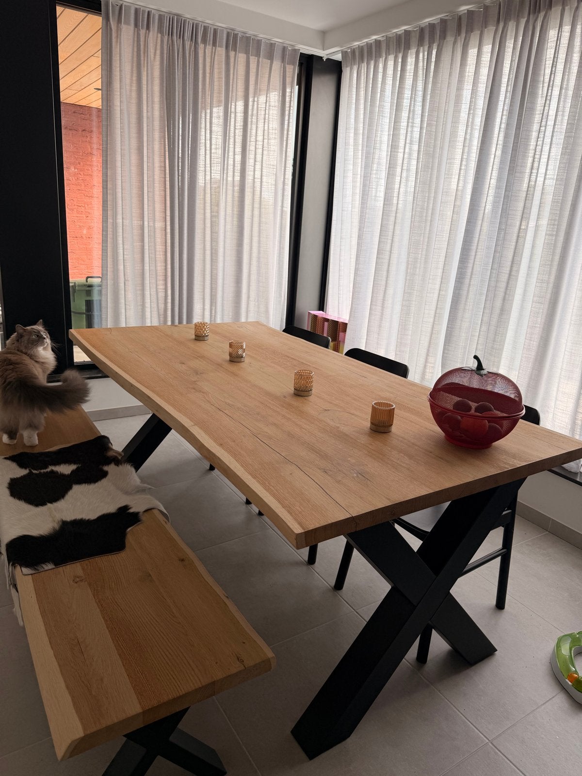 Boomstamtafel met bank - onbewerkt hout - 200x90cm, Ophalen, 50 tot 100 cm, Zo goed als nieuw, Vijf personen of meer