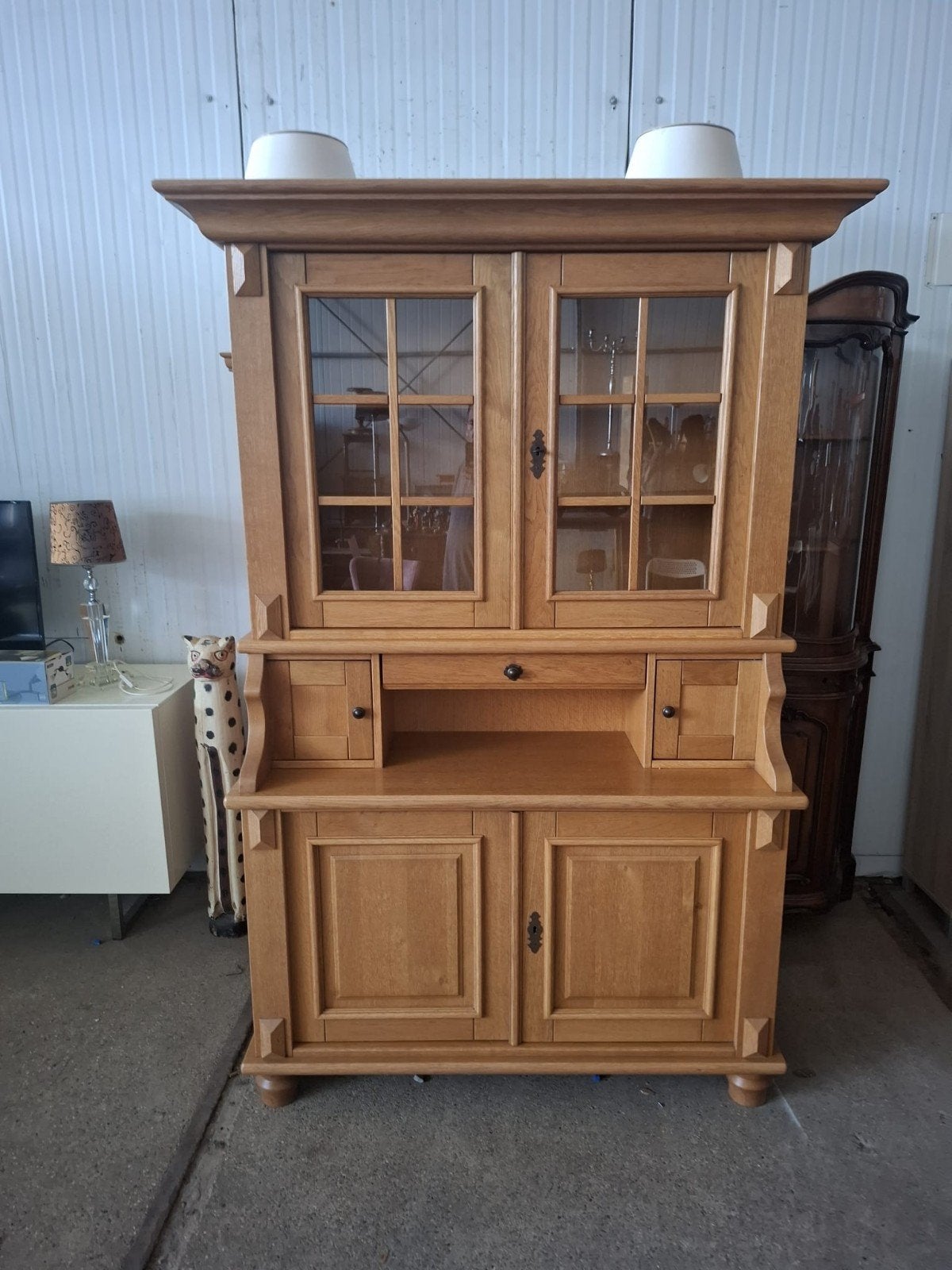 antiek eikenhouten secretaire / buffetkast met glas en lades, Gebruikt, 200 cm of meer, Klassiek, Eikenhout
