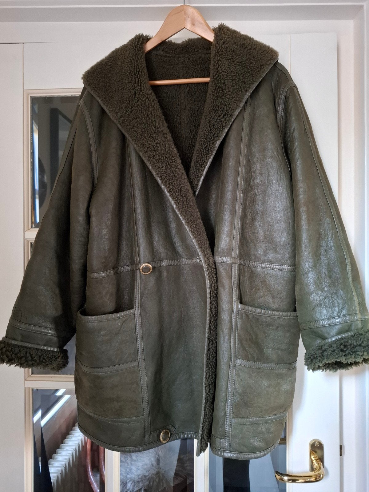 Vintage Kuda Furs Lammy Coat - Groen Leer & Teddy Voering, Maat 42/44 (L), Ophalen of Verzenden, Gedragen, Groen
