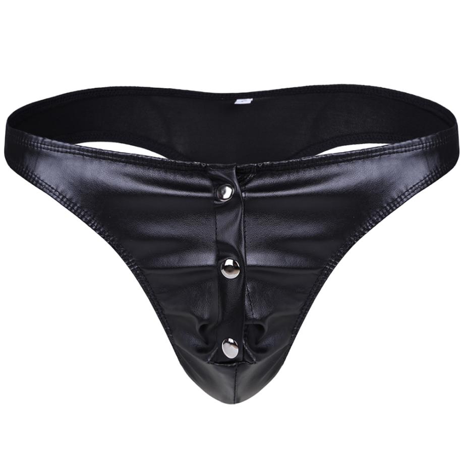 Zwarte kunst leren heren string met knopen tanga slip mannen, Verzenden, Zwart, Slip