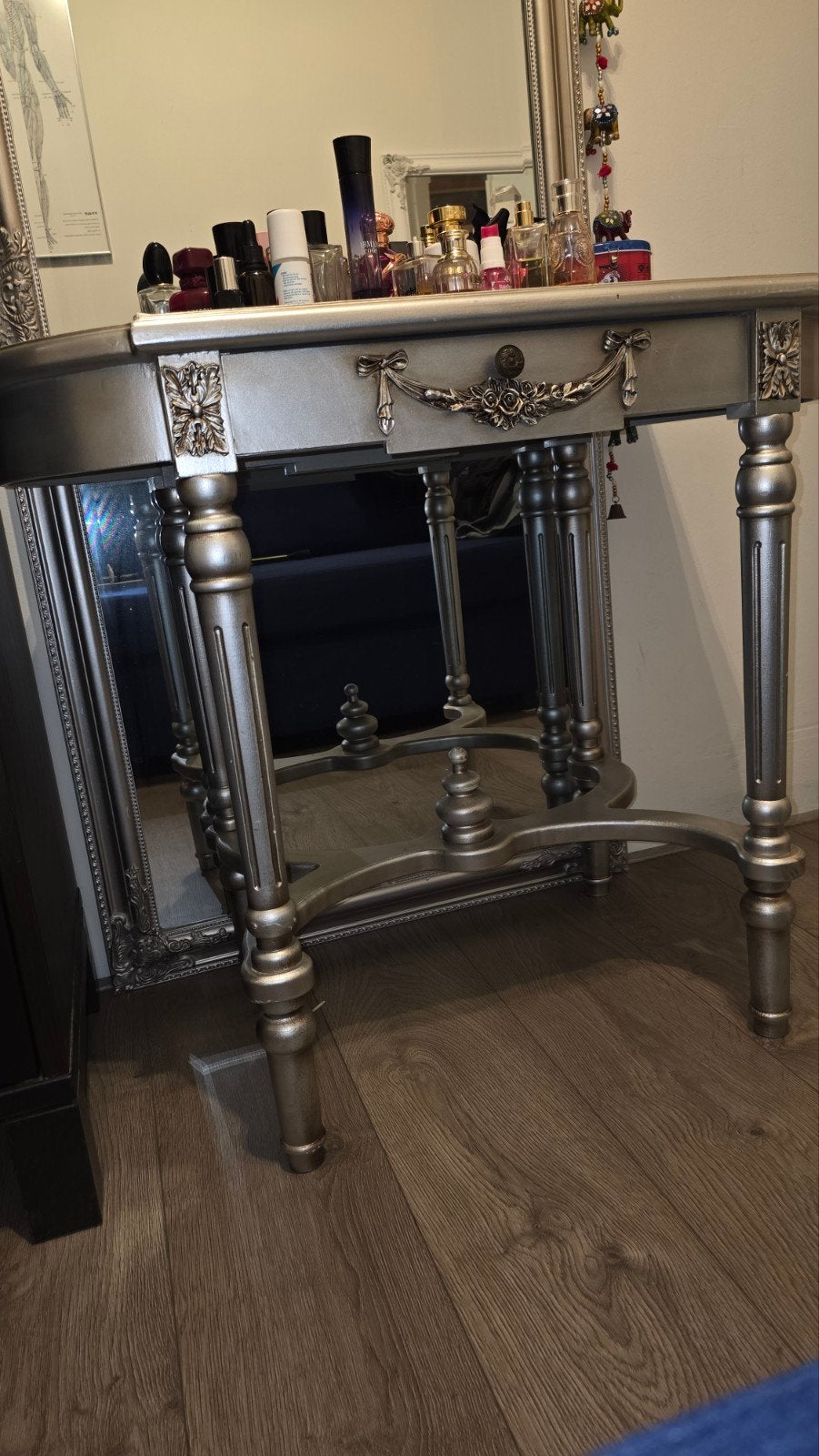 Zilverkleurige kaptafel/sidetable met lade, Ophalen, Gebruikt, 100 tot 150 cm, Minder dan 100 cm
