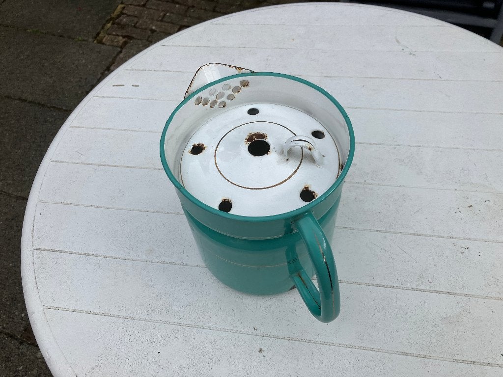 emaille zeegroen met goude randje melkkoker, Ophalen of Verzenden