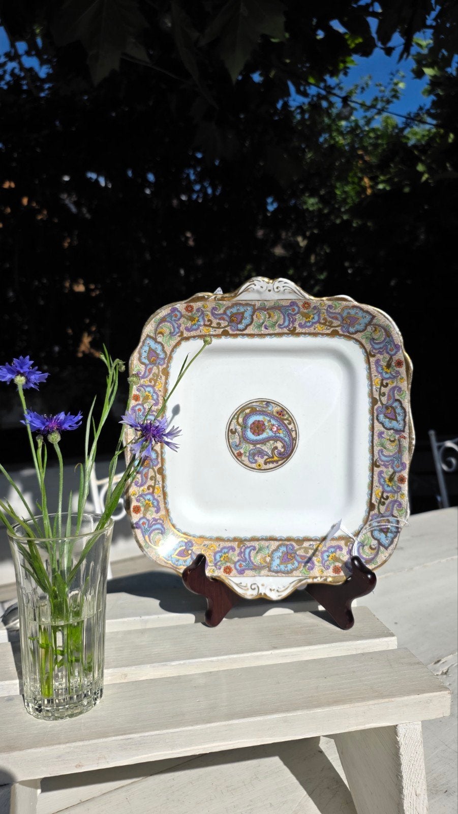Vierkant vintage Engels bord met lila paisley patroon, Ophalen of Verzenden