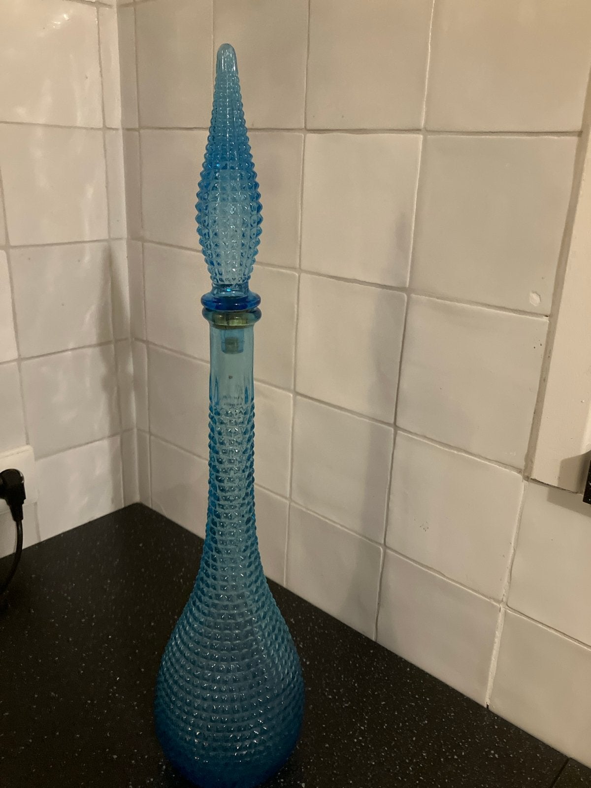 Vintage blauwe glazen karaf met dop Empoli, Ophalen of Verzenden