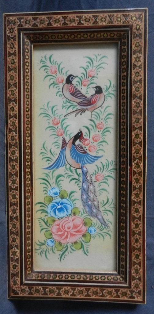 Indiase Perzische schildering Vogels in houten Khatam lijst, Antiek en Kunst, Ophalen of Verzenden