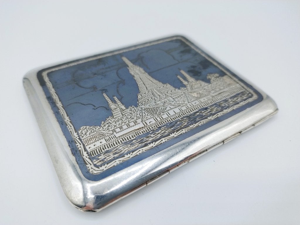 Zilveren sigarettendoos met niello inleg, Thailand, Antiek en Kunst, Antiek | Goud en Zilver, Verzenden, Zilver