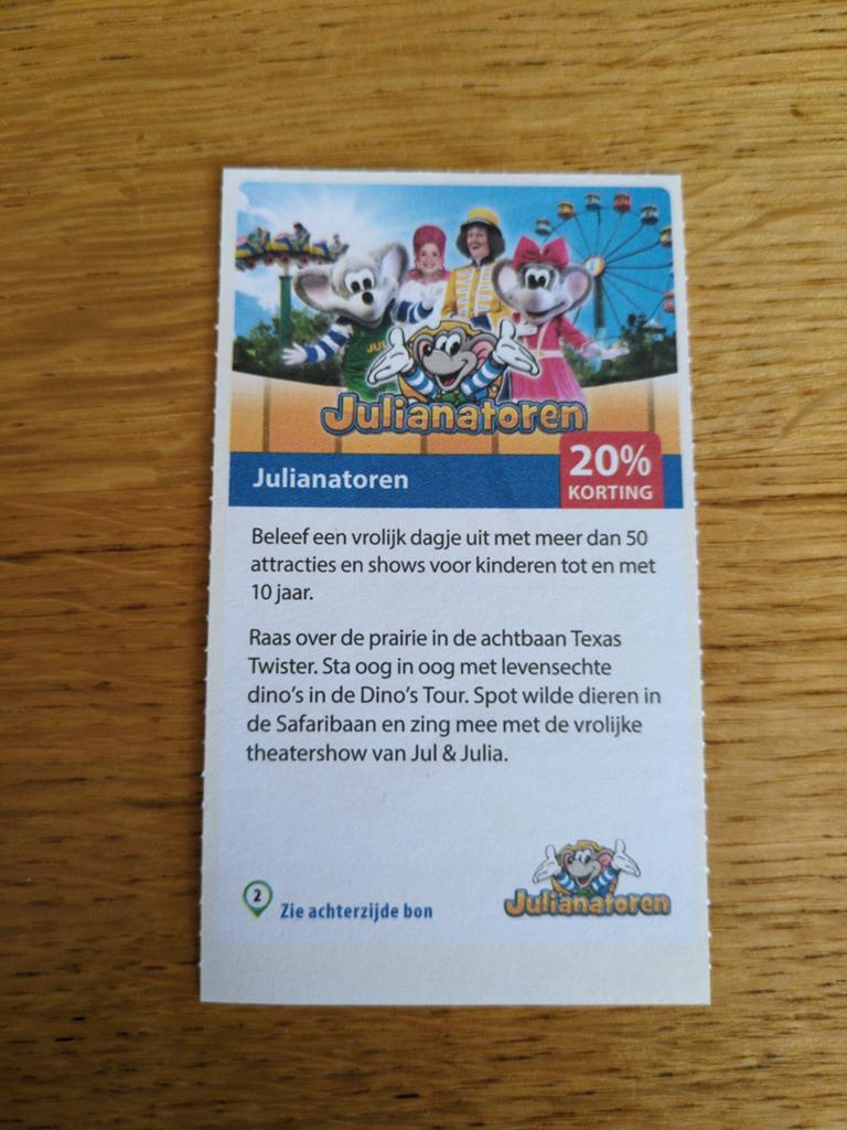 Kortingsbon voor de Koningin Julianatoren, Tickets en Kaartjes, Drie personen of meer, Kortingskaart