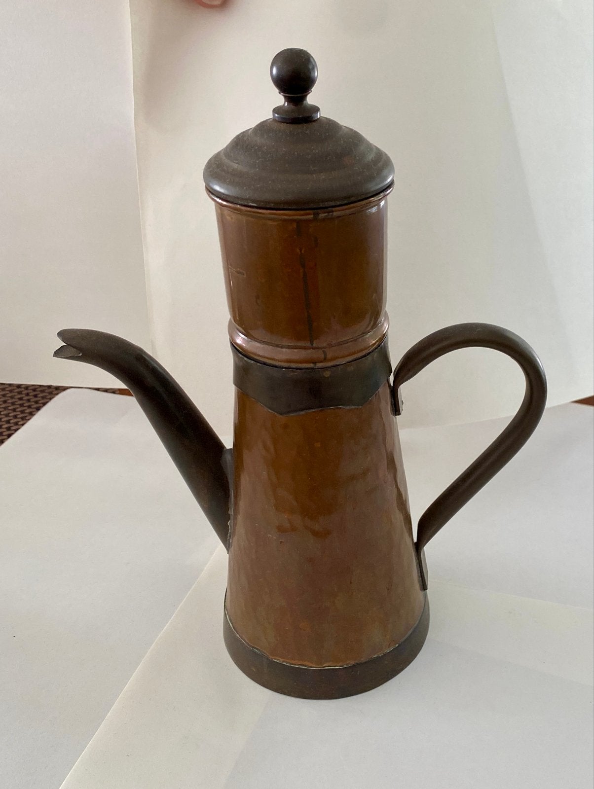 Antieke koperen koffiepot met filter, gemerkt, Antiek en Kunst, Antiek | Koper en Brons, Ophalen of Verzenden, Koper