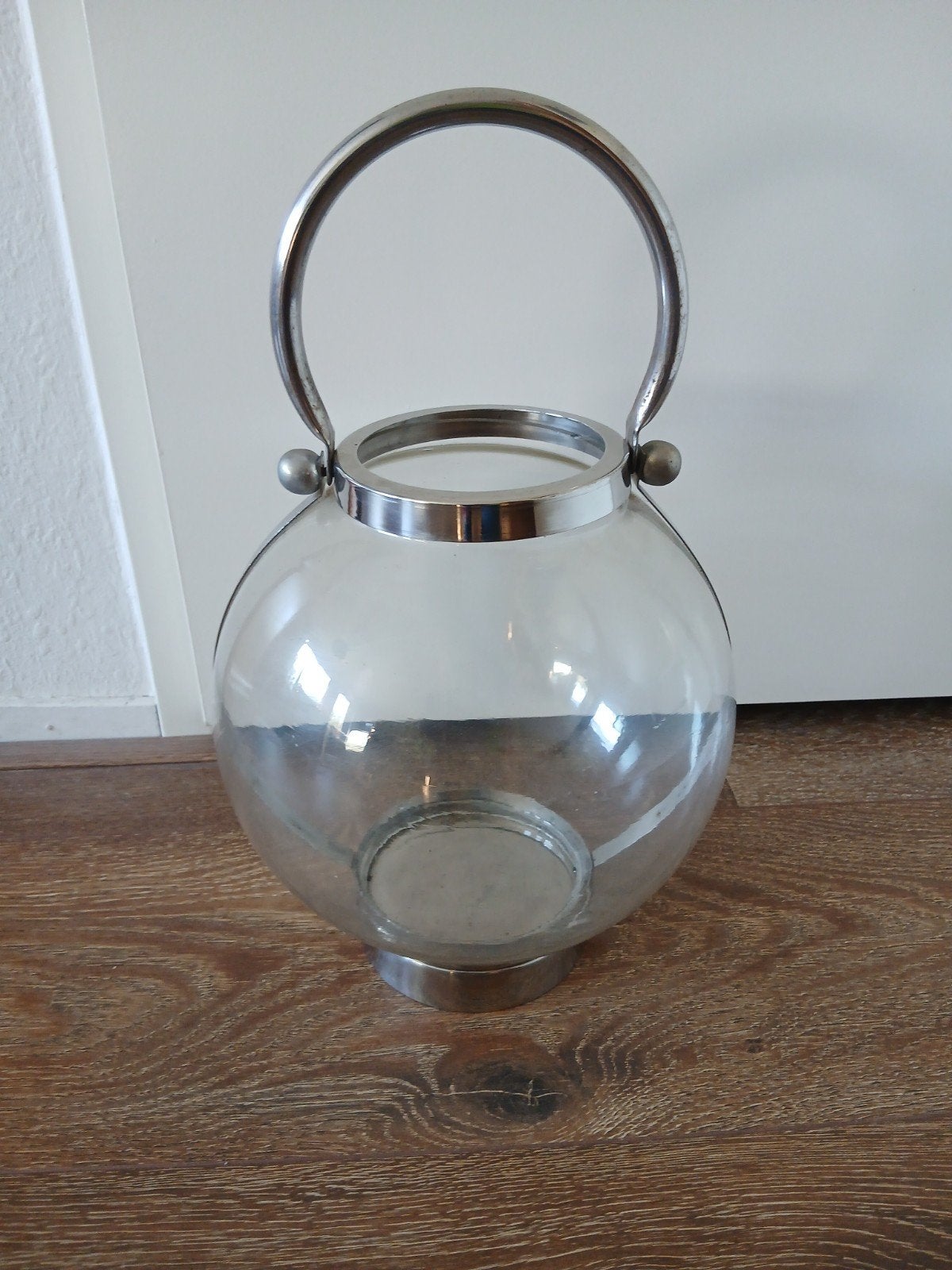 Glazen windlicht met metalen hengsel, Ophalen, Zo goed als nieuw, Zilver, Glas