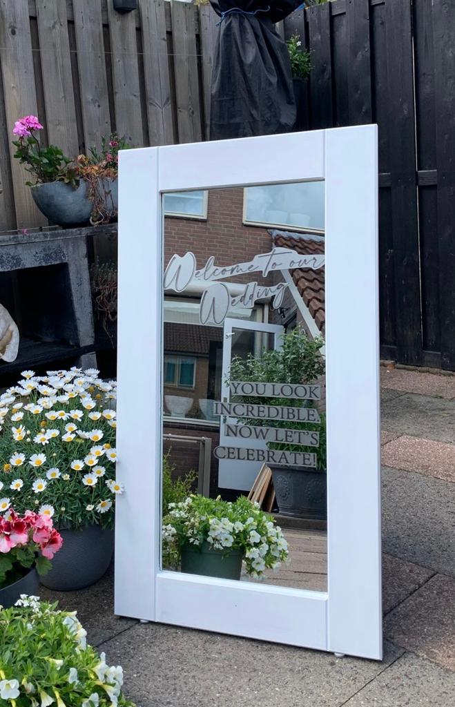 Welkomstbord spiegel met tekst voor bruiloft, trouwerij e.d., Ophalen, Gebruikt, 100 tot 150 cm, Rechthoekig