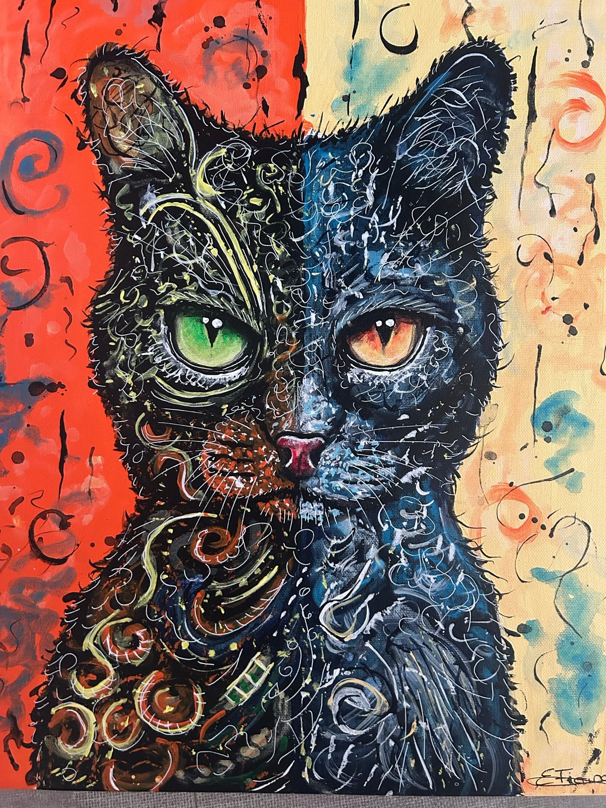 Uniek Kattenportret - Acrylverf 40x50 cm, Acrylverf, Dieren, Textiel, Gelakt/vernis