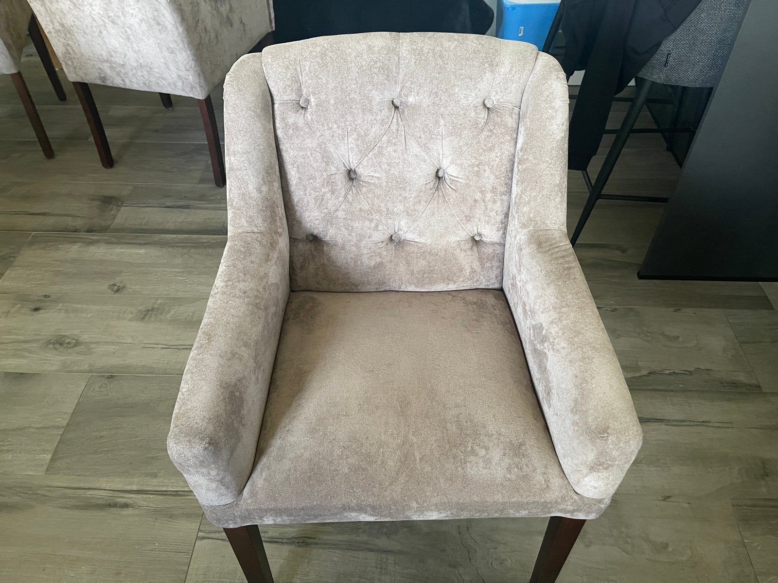 6 Comfortabele eetkamerstoelen met armleuningen - Beige stof, Ophalen, Gebruikt, Overige kleuren, Eén