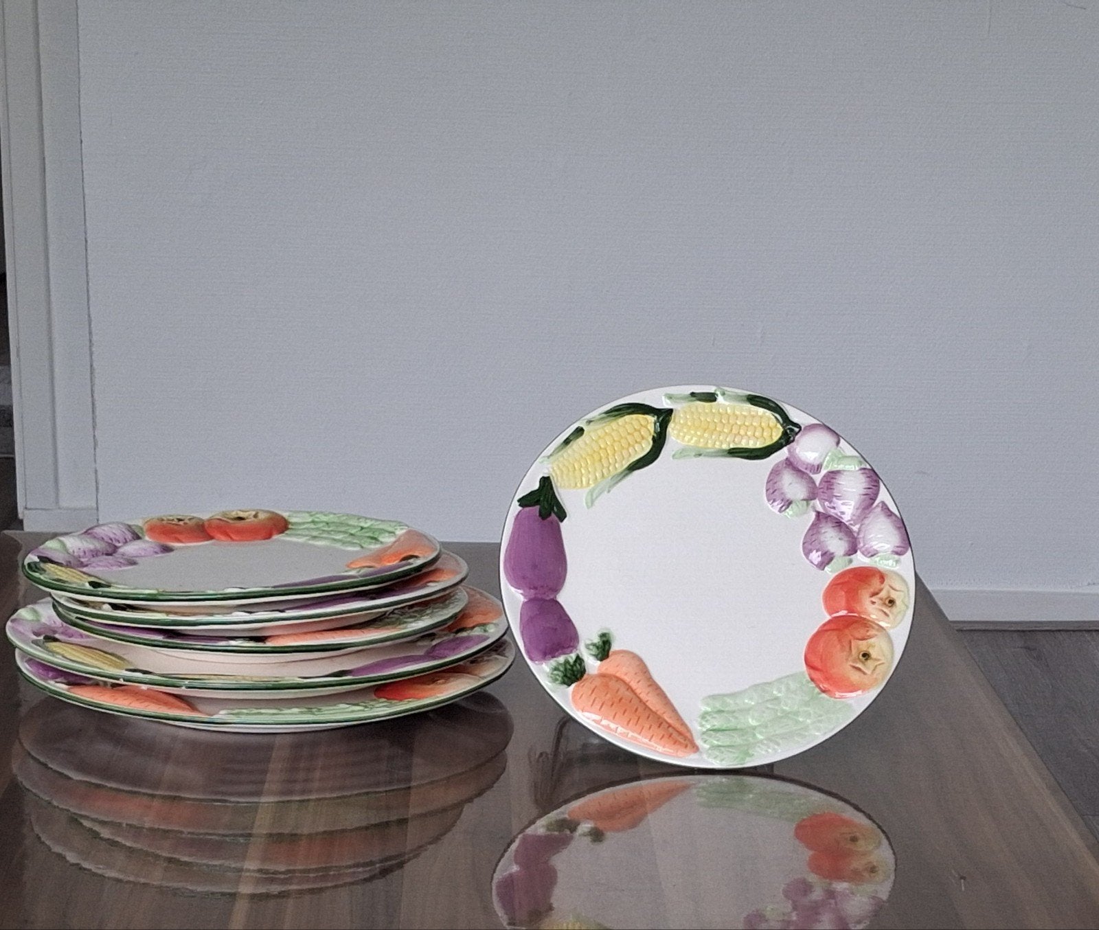 Set van 6 vintage borden met groentemotief, Keramiek, Vintage, Ophalen of Verzenden, Zo goed als nieuw