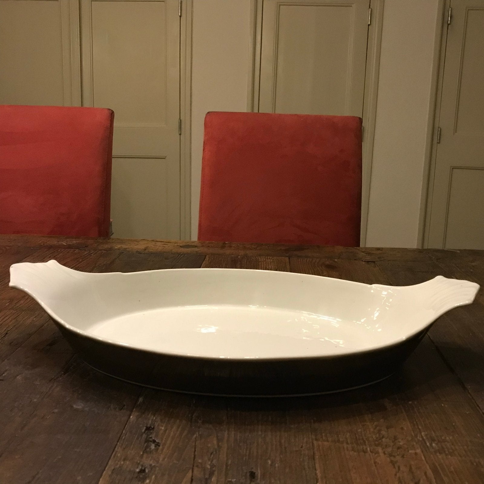 Ovale ovenschaal met handvatten - Wit/Bruin., Ophalen of Verzenden