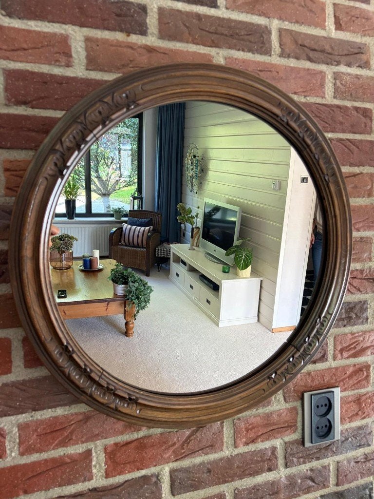 Ronde spiegel met houten lijst - 56cm, Ophalen, Gebruikt, Rond, Minder dan 100 cm