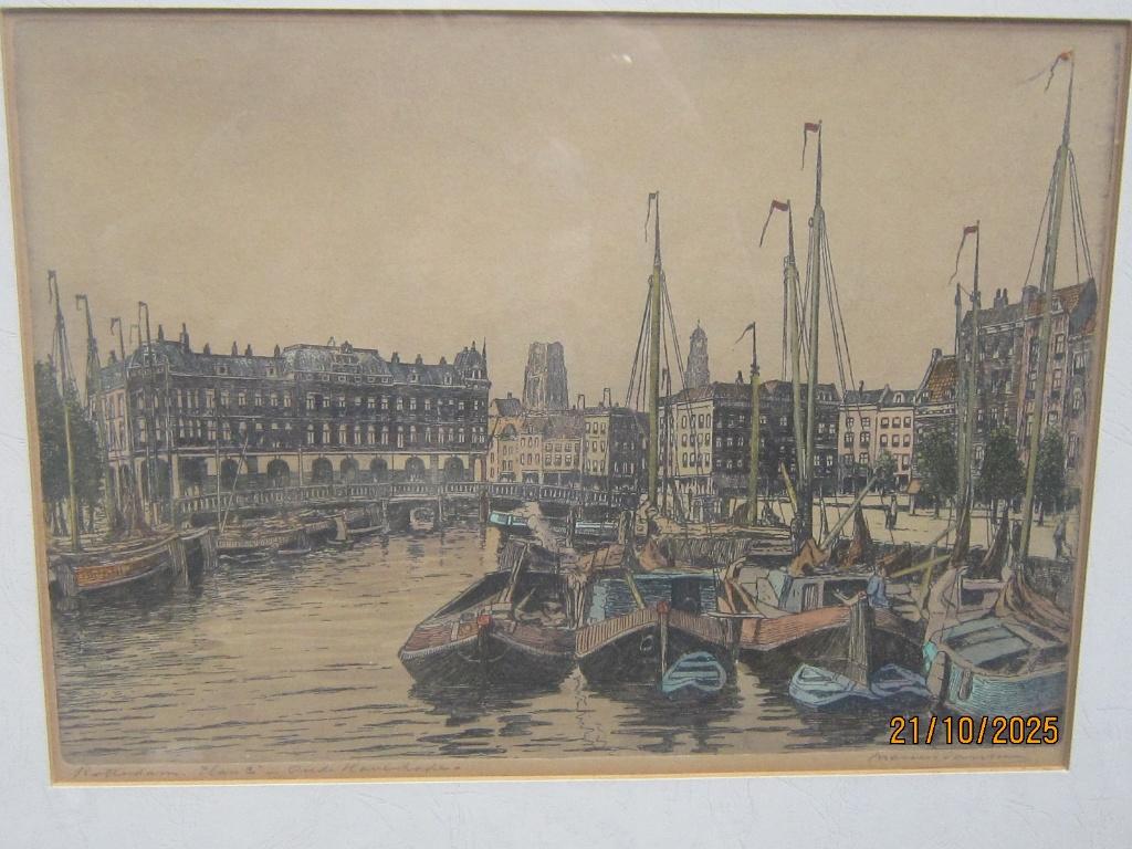 OUDEHAVENKADE Rotterdam, Ingekl ets. Marius Janssen, Ophalen of Verzenden, Dagelijks leven, Ets
