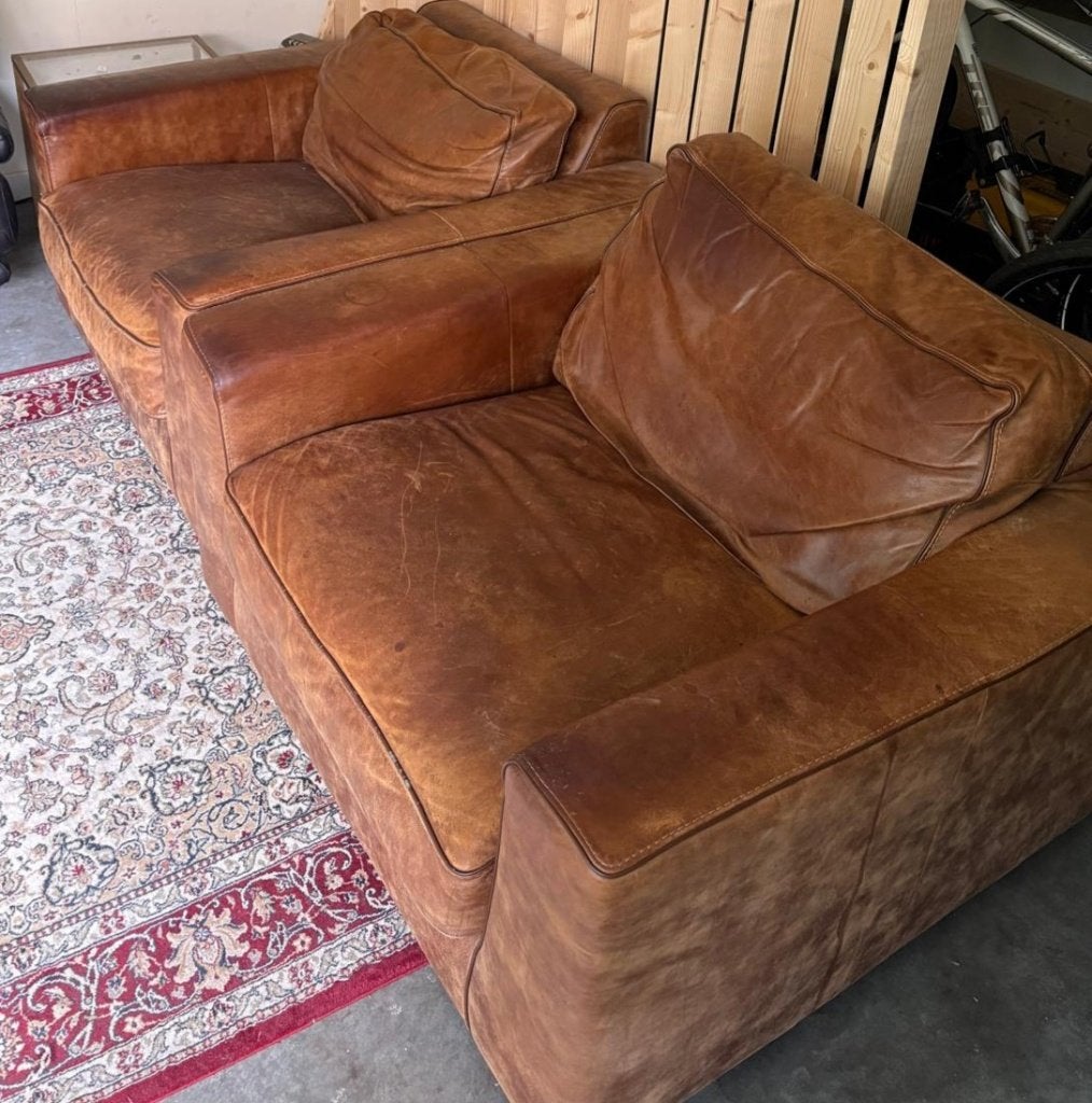 Gratis af te halen. 2X LOVESEAT 1,5p leer cognac, Huis en Inrichting, Fauteuils, Ophalen, Gebruikt, 75 tot 100 cm, Leer