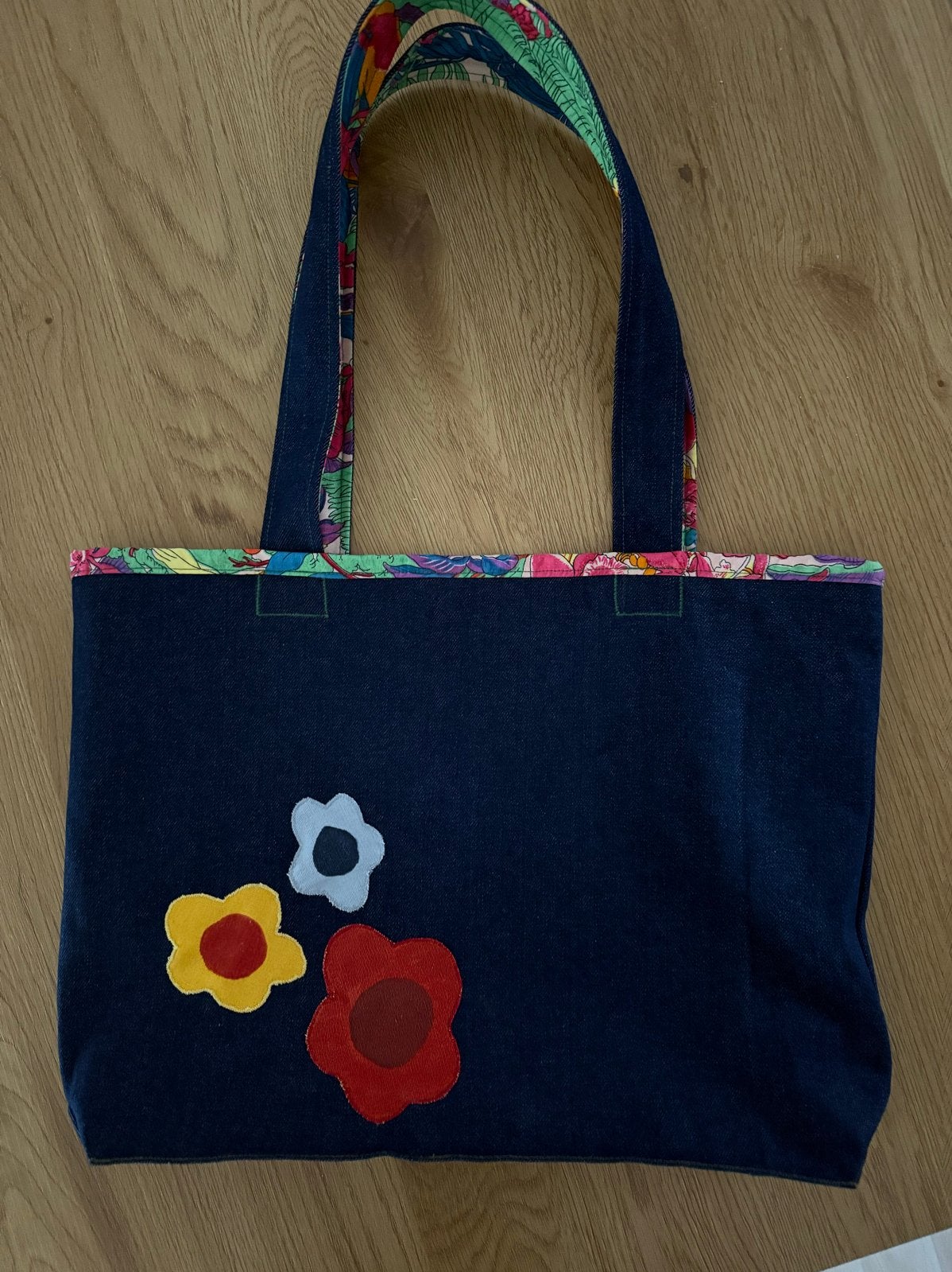 Handgemaakte denim shopper met kleurrijke voering, Ophalen of Verzenden, Nieuw, Blauw, Shopper