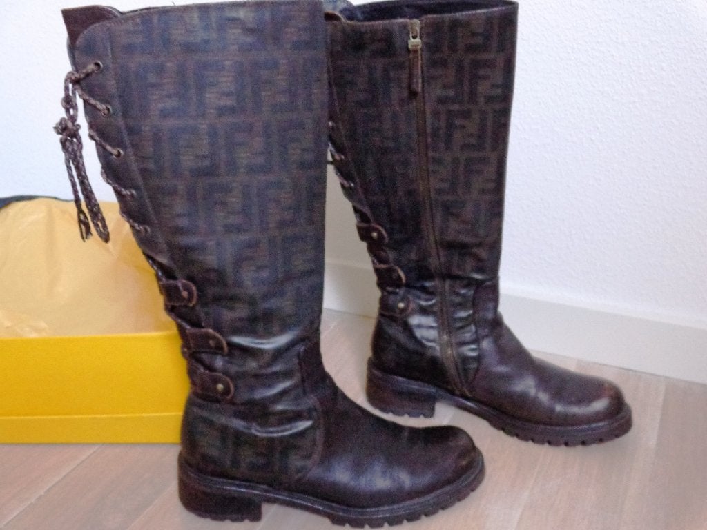 Vintage Fendi boots - lederen laarzen - hoog model m 39, Hoge laarzen, Bruin, Fendi, Ophalen of Verzenden