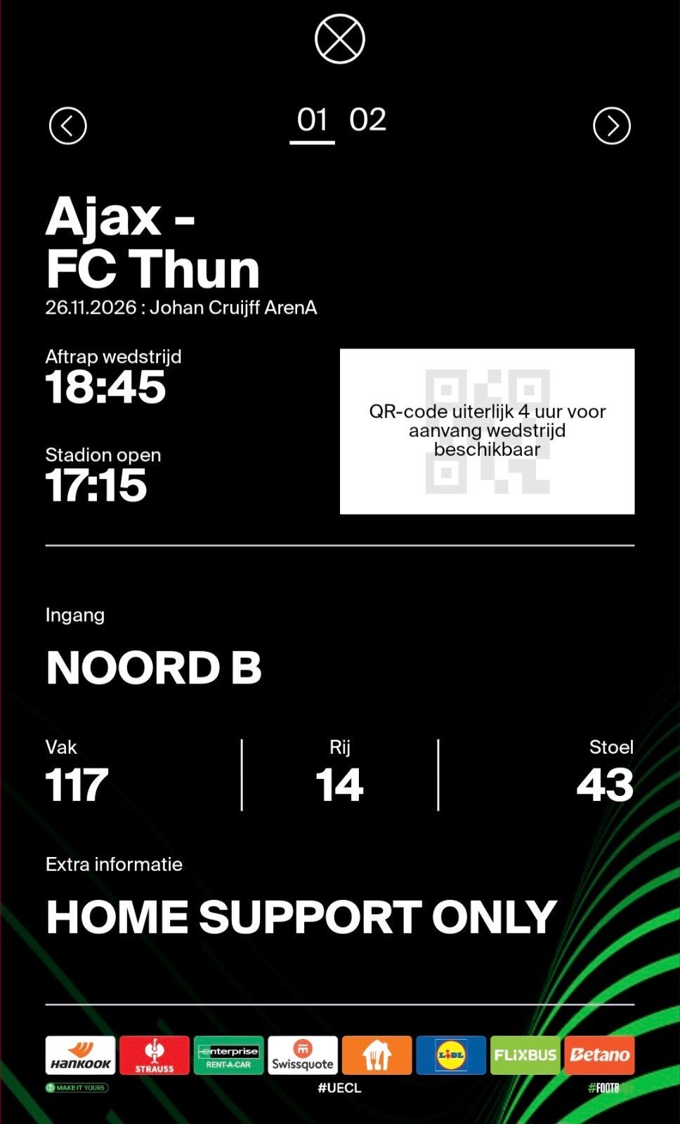 Ajax - FC Thun, 2x vak 117, Twee personen, November