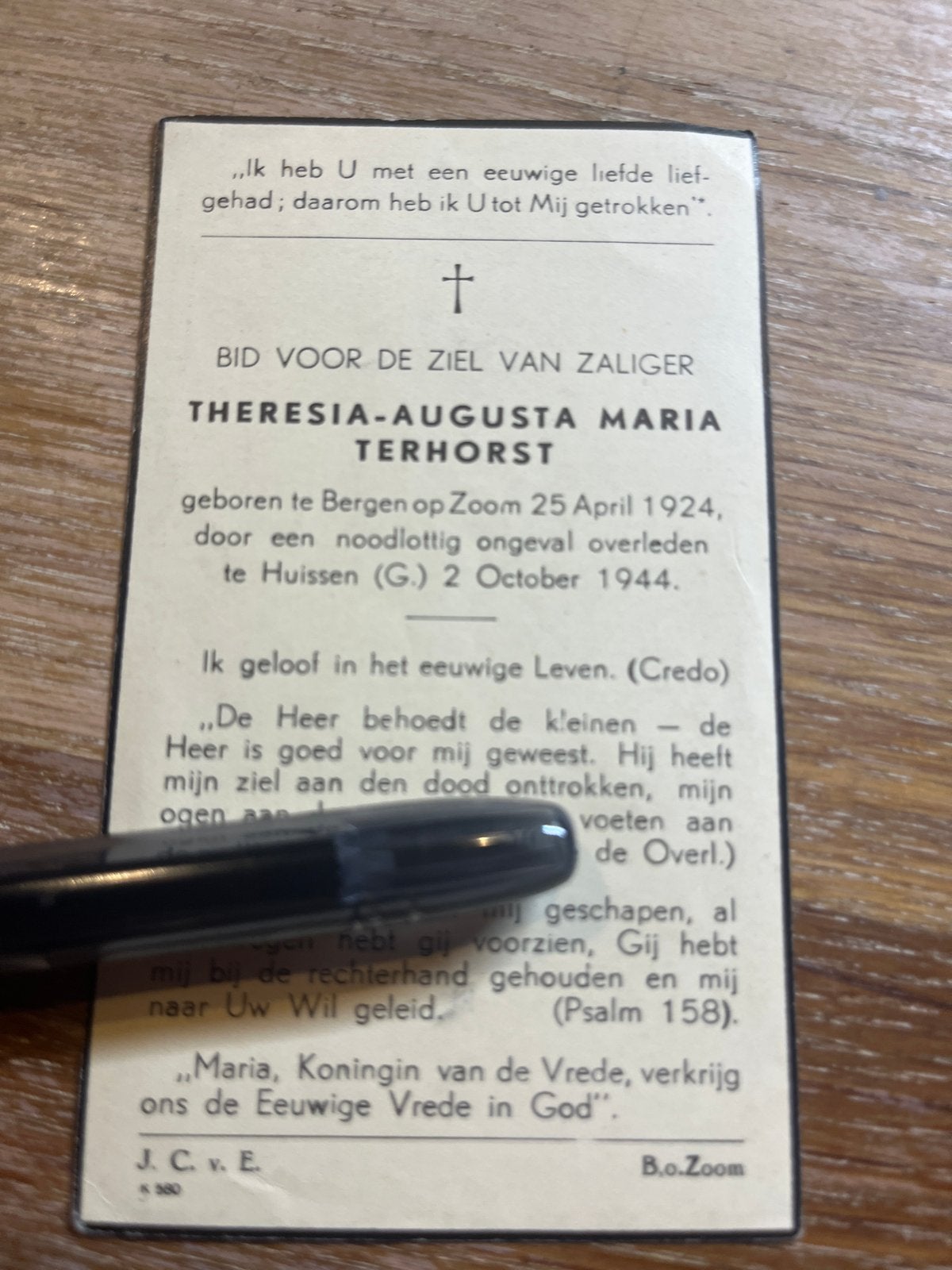 Terhorst Theresia 1924 Bergen op Zoom 1944 Huissen (G), Verzamelen, Ophalen of Verzenden, Bidprentje