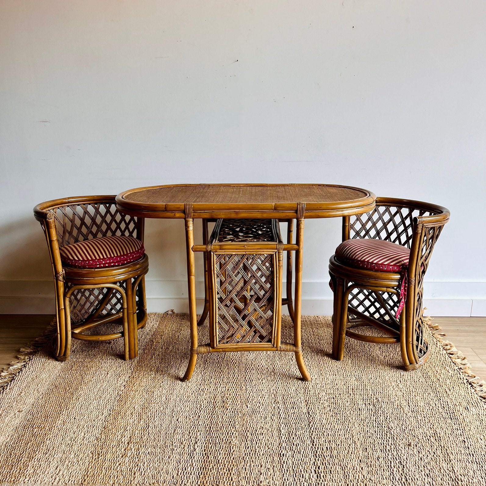 Rotan bistro setje – tafel + 2 stoelen –  vintage, Ophalen, Vintage, Zo goed als nieuw, Tafel(s) en Stoel(en)
