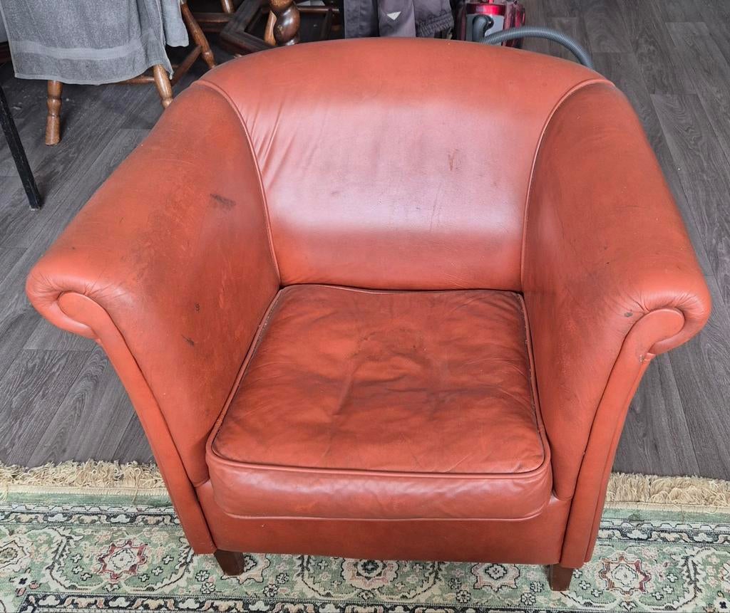 Leren Club Fauteuil Cognac, Ophalen, Gebruikt, 75 tot 100 cm, 50 tot 75 cm