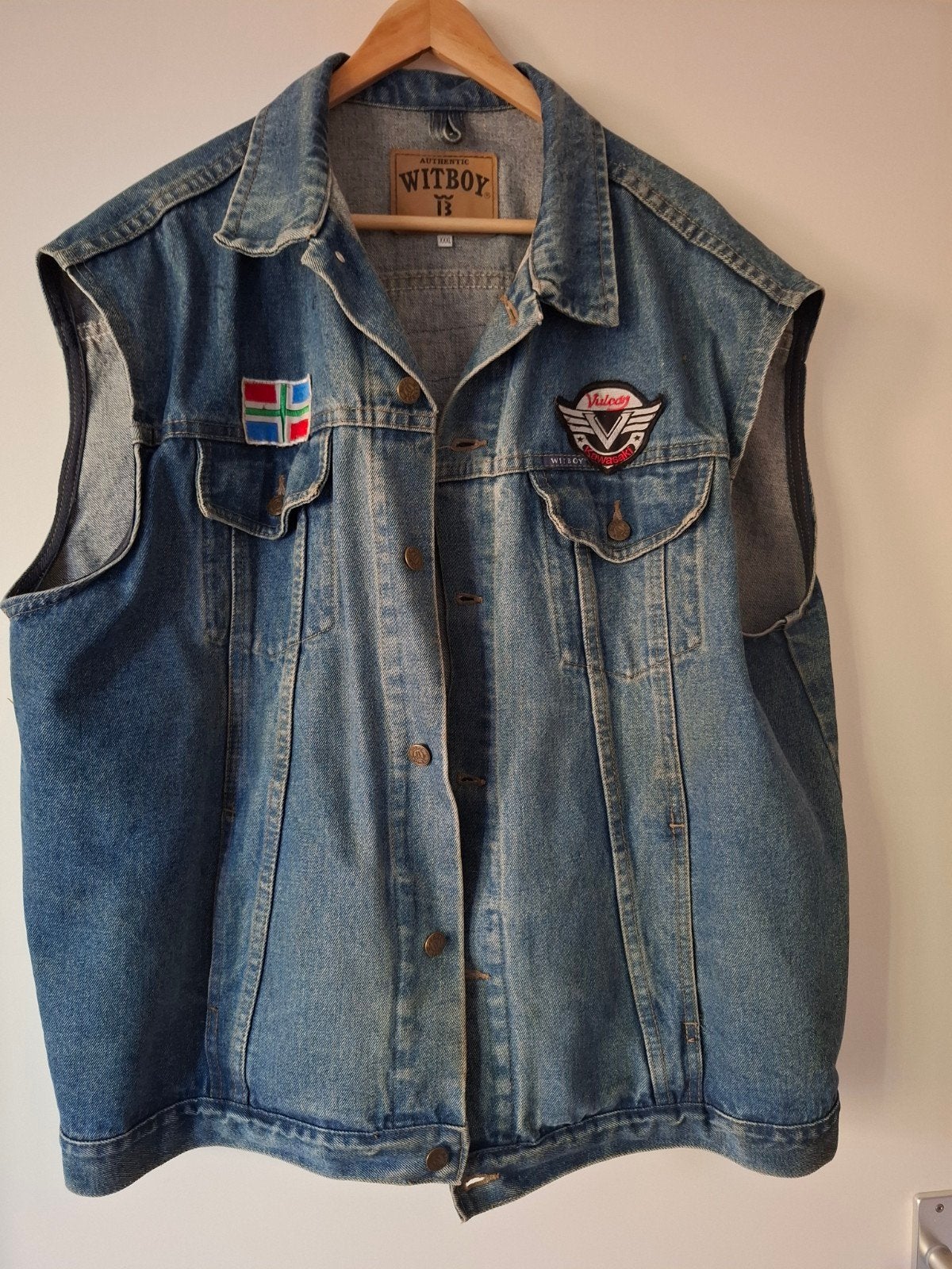 Denim hesje (spijkerstof) voor over motorjas. Met 'VULCAN', Ophalen of Verzenden, Tweedehands, Jas | textiel
