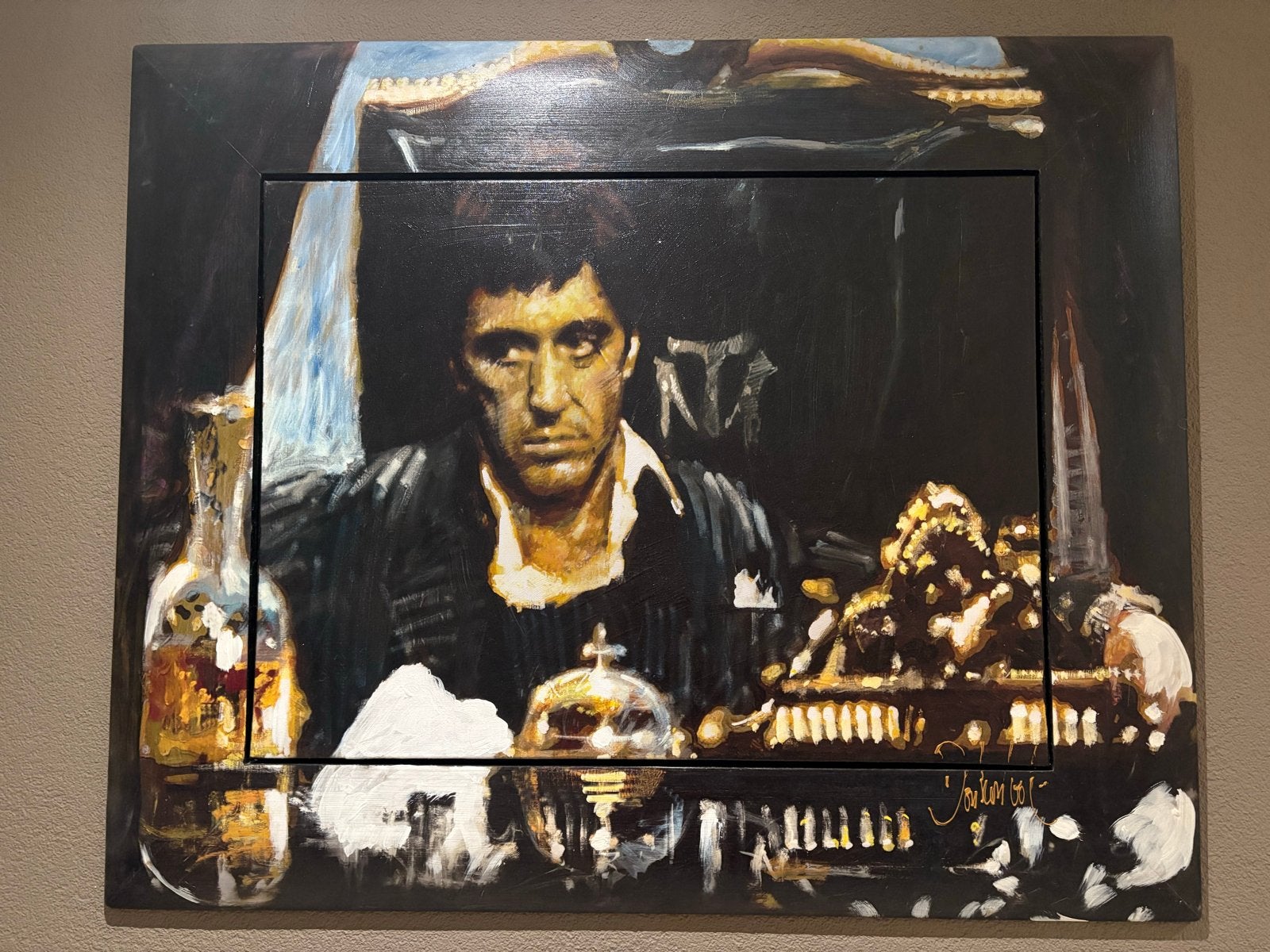 Uniek Schilderij Tony Montana (Scarface) - Handgeschilderd, Antiek en Kunst, Film, Handgeschilderd, Ophalen of Verzenden, Olieverf