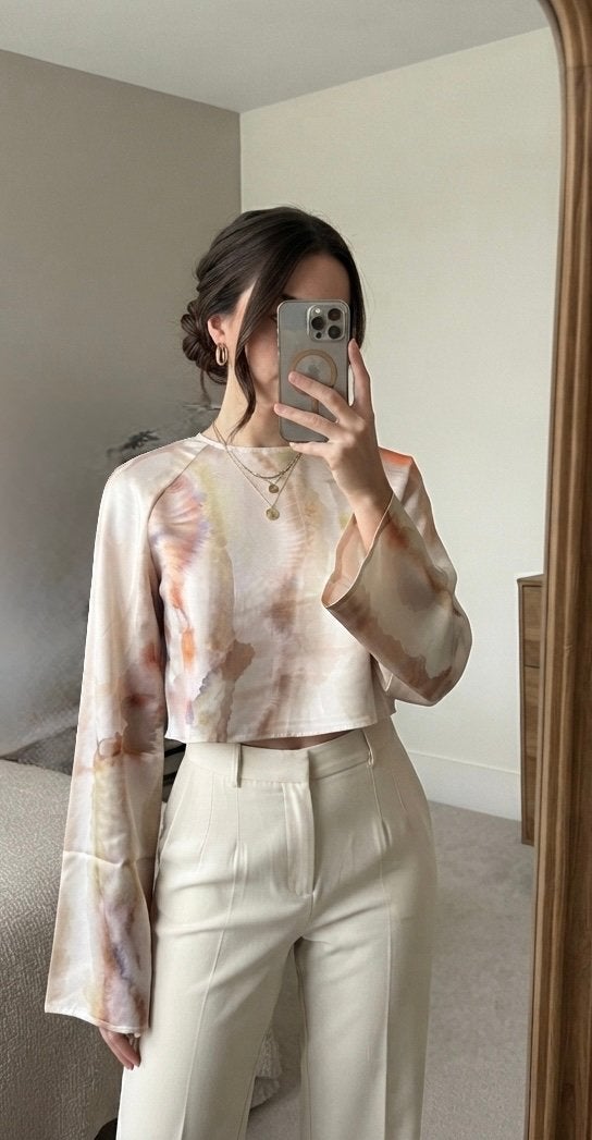 Satijnen blouse, nieuw, crop, lange mouwen, XS, H&M, Ophalen of Verzenden, Nieuw, Maat 34 (XS) of kleiner, Meerkleurig