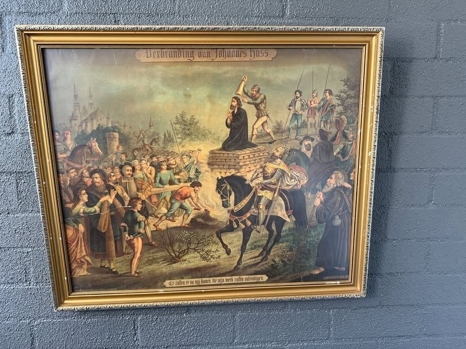 Historische prent: Verbranding van Johannes Huss, Antiek en Kunst, Ophalen, Klassiek, Print, Overige onderwerpen