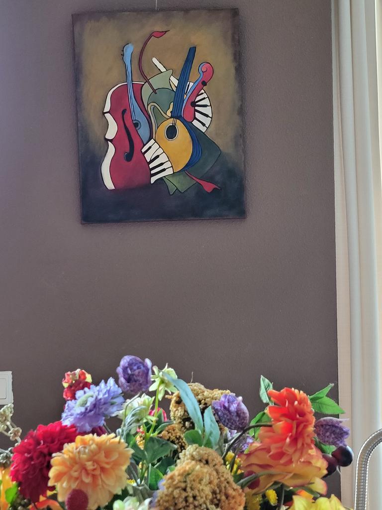 Schilderij modern kleurrijk met muziekinstrumenten 50 x 40, Ophalen of Verzenden