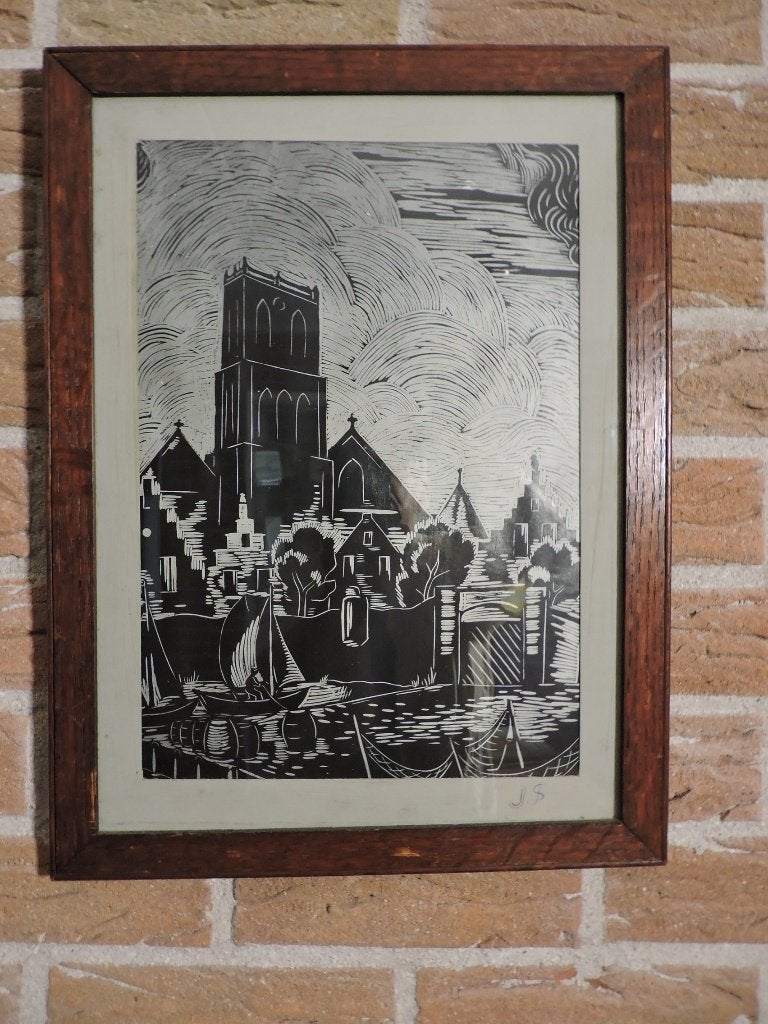 Linosnede Jacq Stal  Geertruidenberg, Antiek en Kunst, Ingelijst, 36 cm, 1900 - 1949, Overige technieken