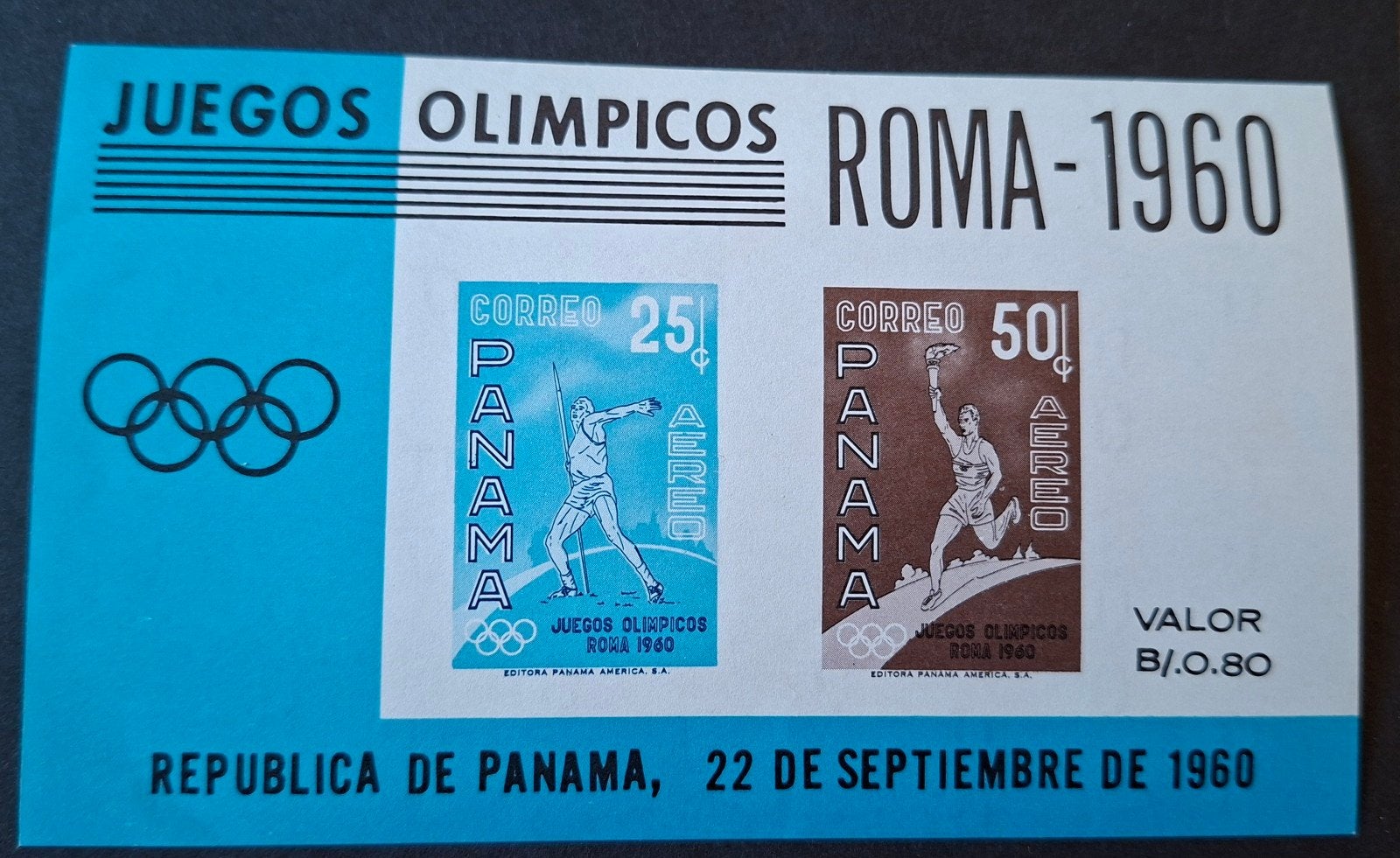 Olympische Spelen, Rome  1960. Panama blok 8. Postfris, Verzenden, Sport