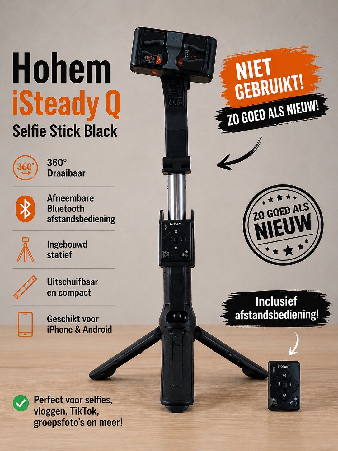 Hohem iSteady Q Selfie Stick Black, Bluetooth, Ophalen, Zo goed als nieuw, Overige typen