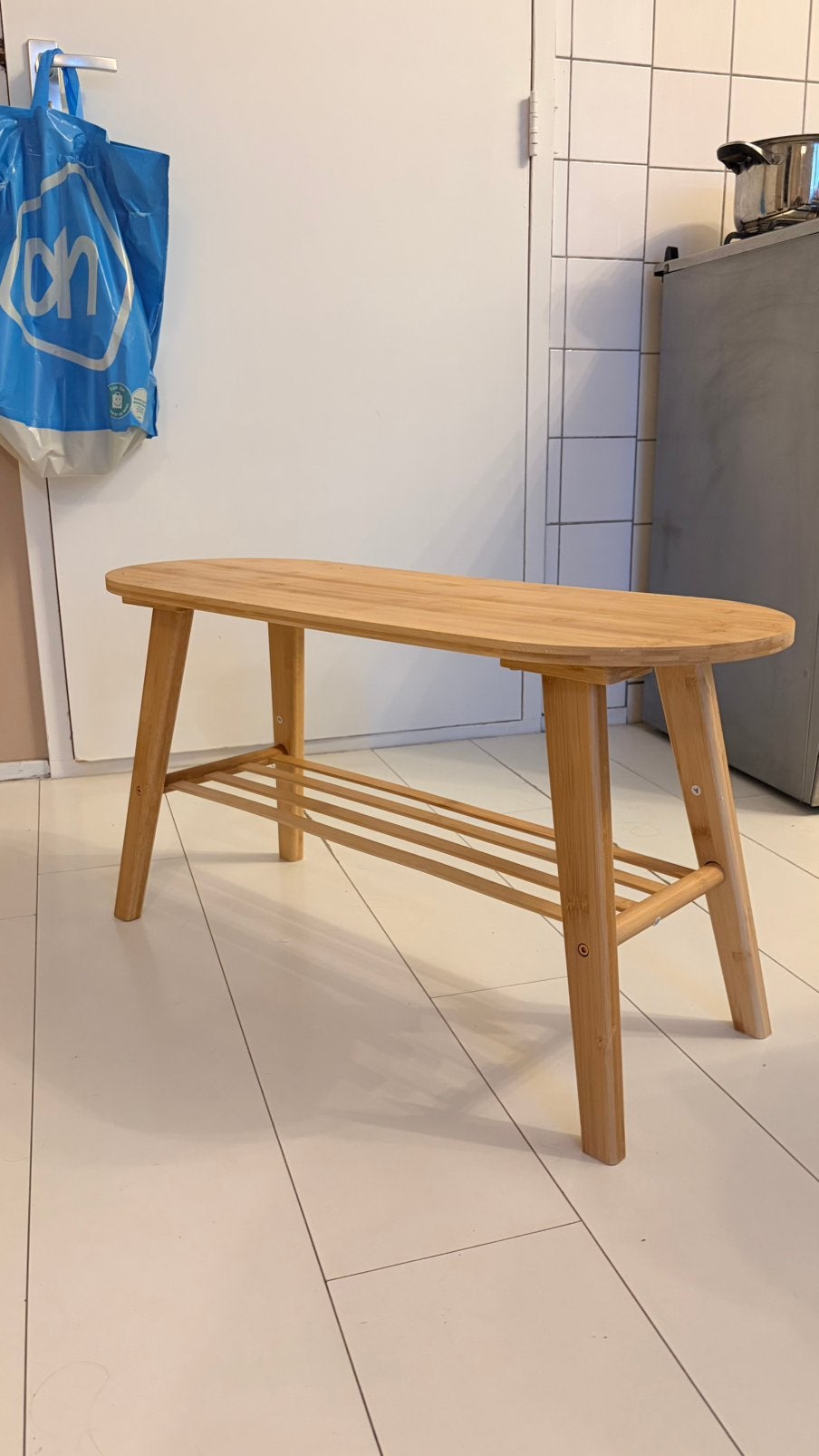 Bamboe schoenenbankje / bijzettafel, Huis en Inrichting, Ophalen of Verzenden, Zo goed als nieuw, Rechthoekig, Minder dan 55 cm