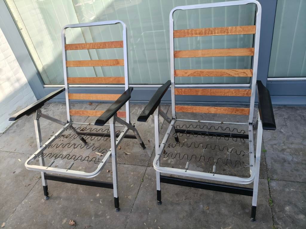 Vintage Aluminium Tuinstoelen met Houten Latten (2 stuks), Tuin en Terras, Tuinstoelen, Ophalen of Verzenden, Gebruikt, Aluminium