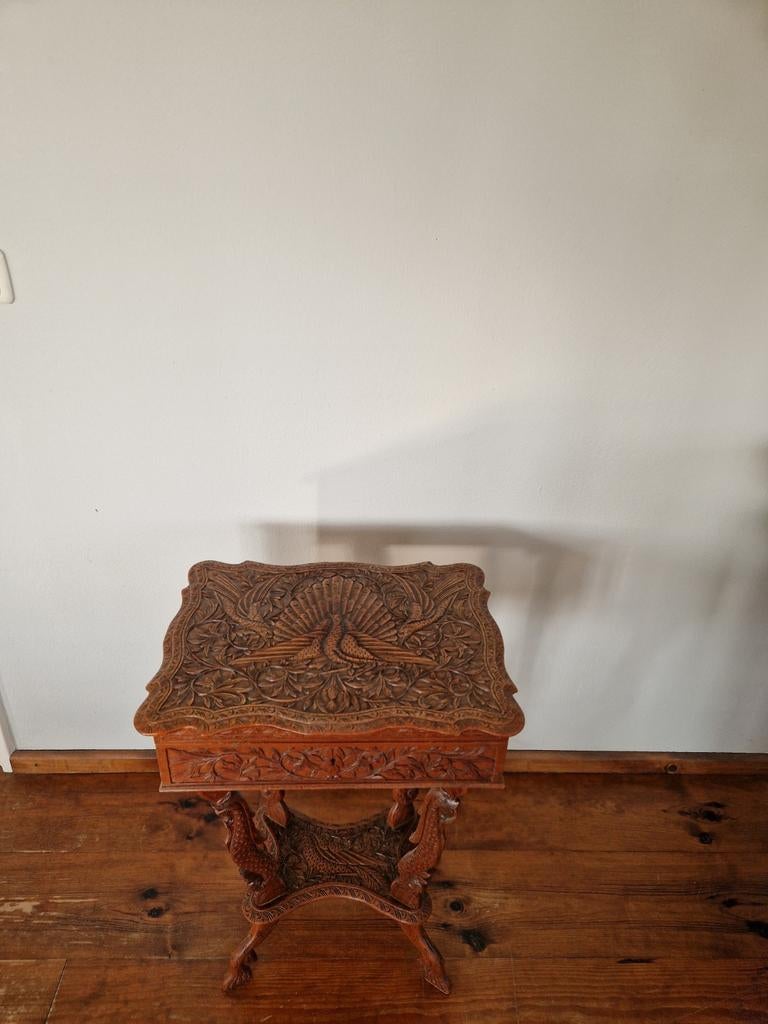 Antieke houten naaidoos met pauw gravure, Ophalen of Verzenden